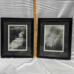Vintage Framed Black White Landscape Prints Set 2 Waterfall Mountain Art