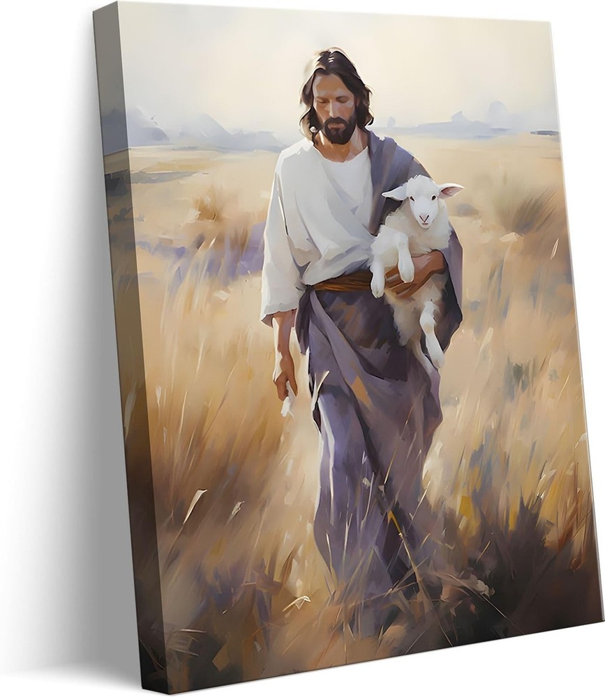 Framed Jesus and Lamb Canvas Wall Art Jesus Christ The Good Shepherd Picture …