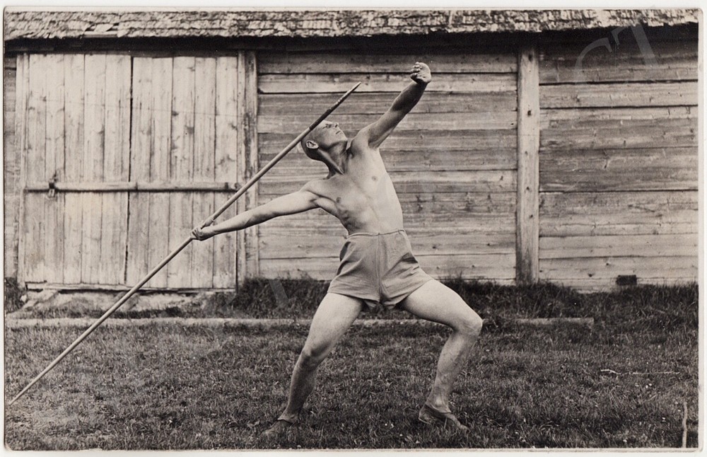 Semi NUDE GUY Young Man in Pants with Wooden Spear Artistic Photo ESTONIA 1920s