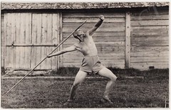 Semi NUDE GUY Young Man in Pants with Wooden Spear Artistic Photo ESTONIA 1920s