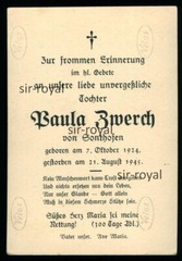 Death card Paula Zwerch – died in August 1945 – photo 7x10cm