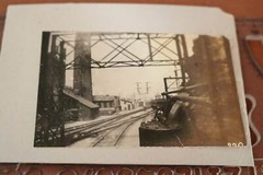 Two great old photos on cardboard – steam locomotive and station – England???