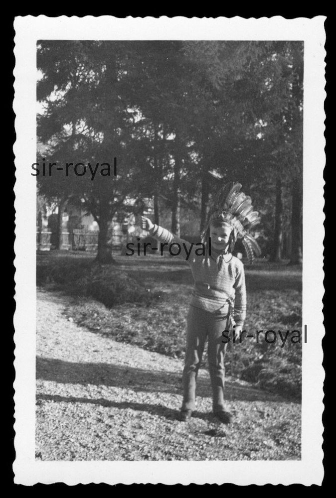 Boy with Indian Chief Feather Bonnet – 1930s – Negative + Photo 6x9cm