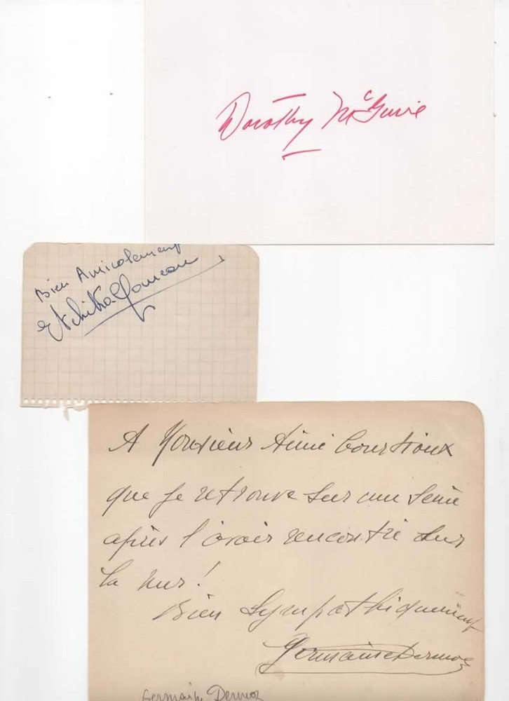 Rare Lot Of 3 Autographs Dorothy MCGUIRE Germaine DERMOZ Etchika CHOUREAU