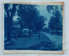 Cyanotype on Fabric Photograph Children in Yard Raking Buggy on Road
