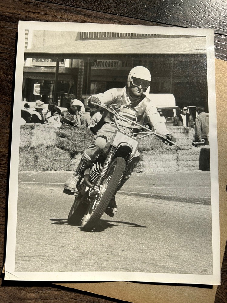 1960’s 70’s Motorcycle Downtown Anywhere USA Black&White Old Motor Racing Photo