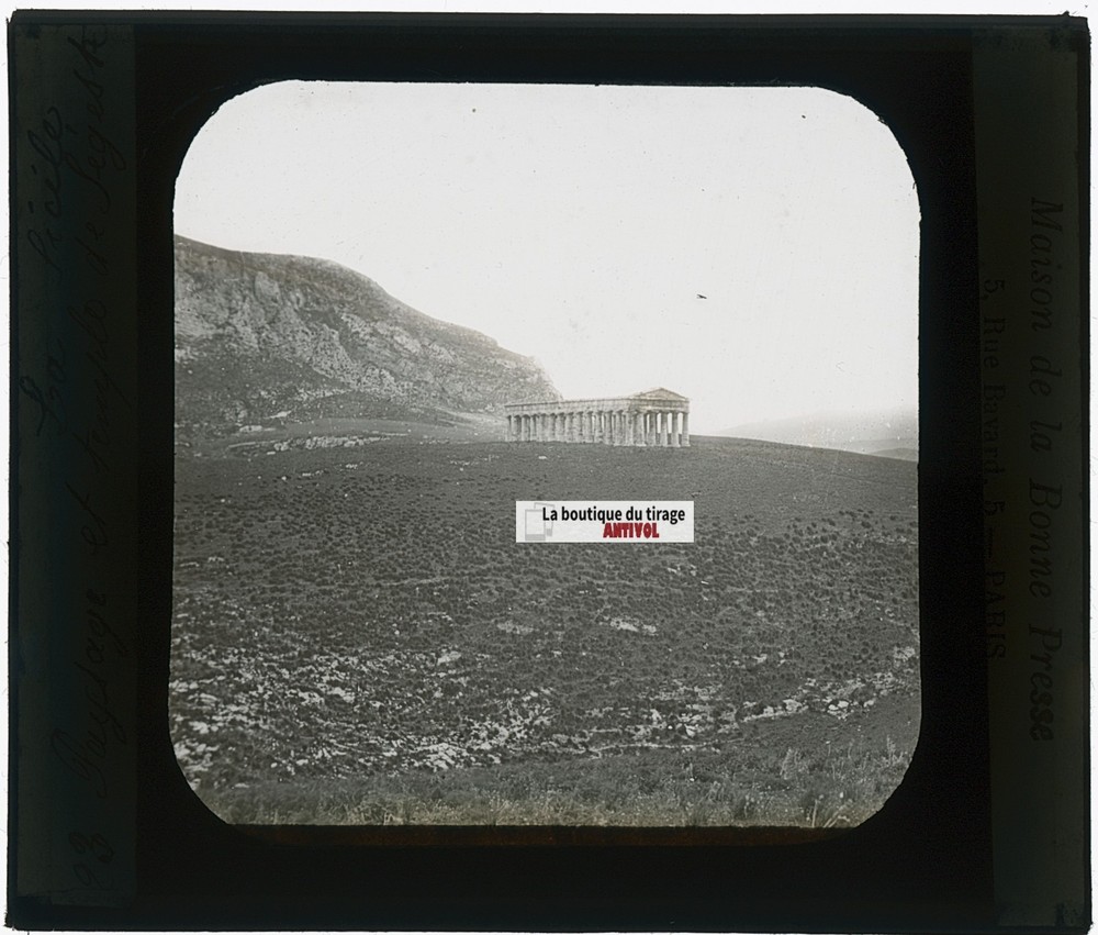 Temple Of Segesta, Sicily, Photo Glass Plaque, Black & White, Positive 8.5×10 Cm