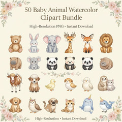 Cute Baby Animal Clipart Bundle | 50 Watercolor Nursery PNG Files | Instant Down