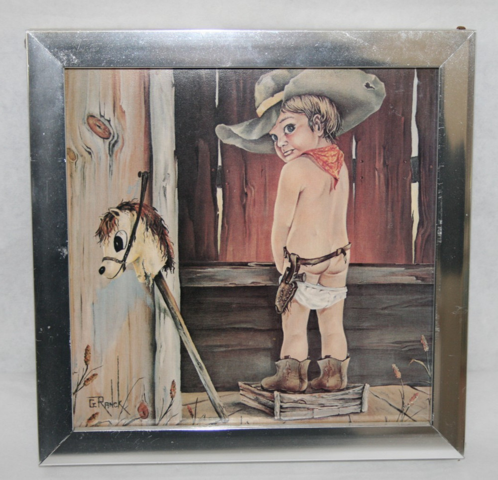 Little Cowboy Using the Restroom G. Ranck Framed Litho Print Western Theme Art