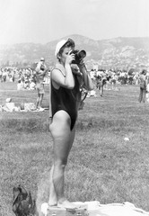 double exposure, ghost, sexy woman working w NIKON photo camera, vintage fine