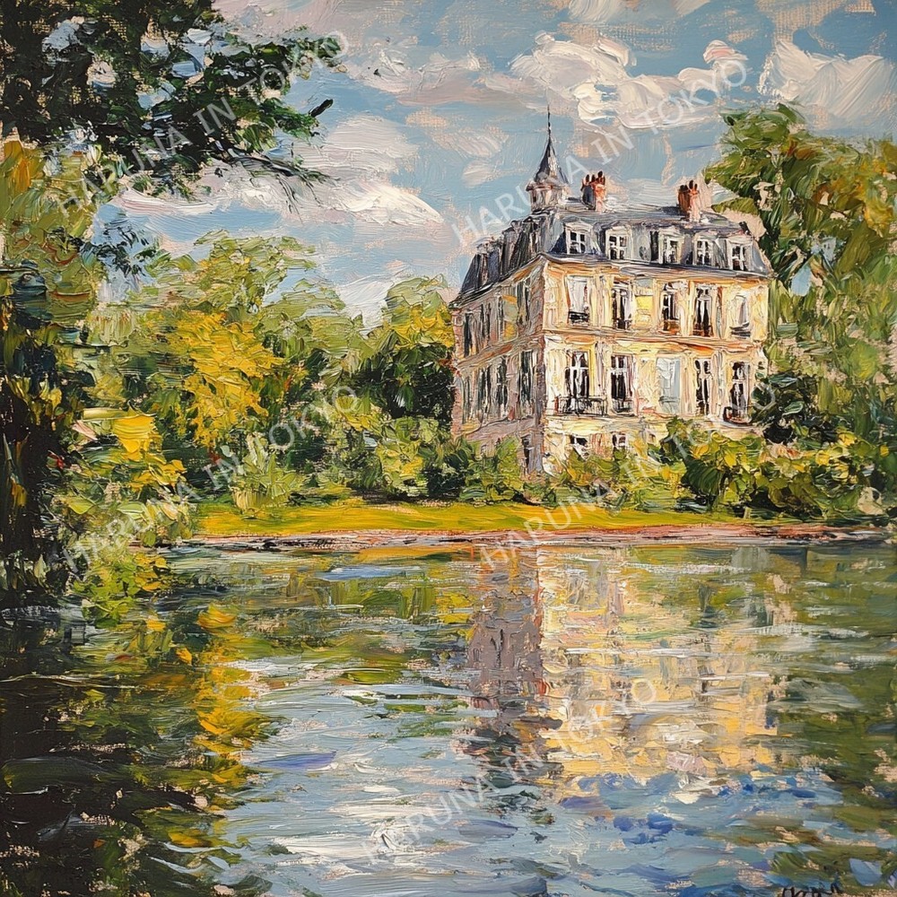 Oil paint house and lakeDigital Image Picture Photo Wallpaper Background Desktop