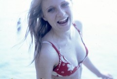 LOT 3x, pretty girls smiling in bikini, beach, funny vintage fine art slide, di