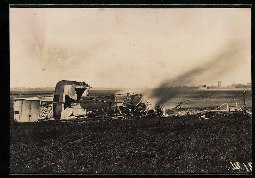 Photography WWI, Burning Aircraft Debris on the Edge of an Airfield