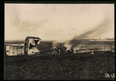 Photography WWI, Burning Aircraft Debris on the Edge of an Airfield