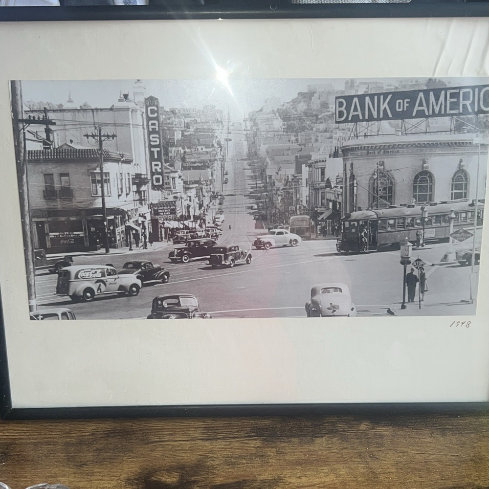 Framed 1898 Black & White San Francisco Street Scene Photo w/ Streetcar, Cars