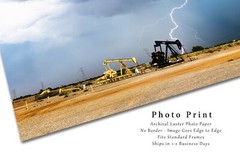 Storm Photography Print – Picture of Lightning Bolt and Pump Jacks in Oklahoma