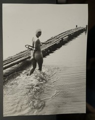 Photo portrait GDR young woman nude picture back view bathing cap model bridge