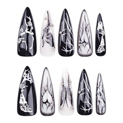 Press on Nails Long, Stiletto Halloween Black White Butterfly Heart Diama…
