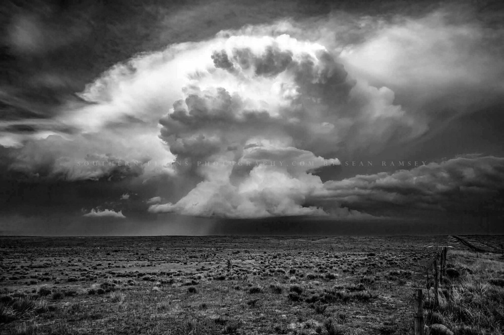 Supercell Thunderstorm Over Plains in Oklahoma Black and White Photography Print