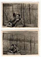 Photograph 2x Lovers Couple on Park Bench Fashion 1940s WW2 (K1056)