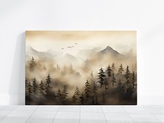 Mountains and Trees Nature Watercolor Painting, Foggy Misty Mountain Range Art