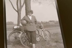 Great old negative woman with football and two bikes 1950-60s?
