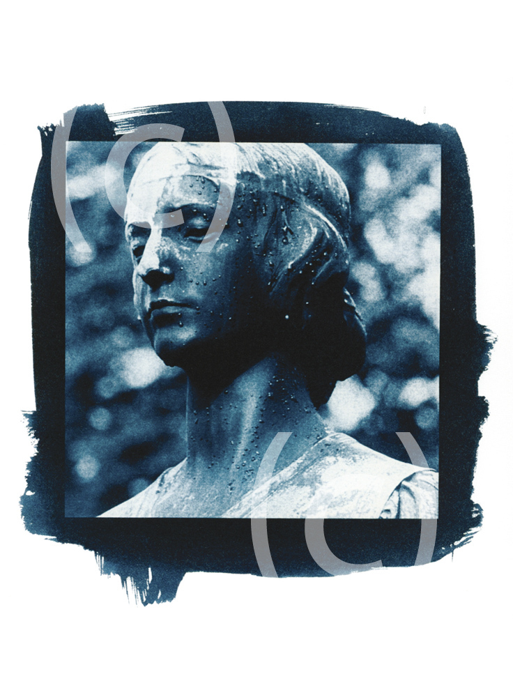 Cyanotype with woman in cemetery unique on laid paper – art cyanotype unique