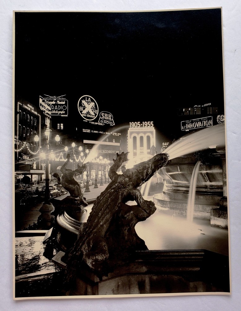 Stunning Midcentury Belgian Photo Brussels Street at Night Neon Signs