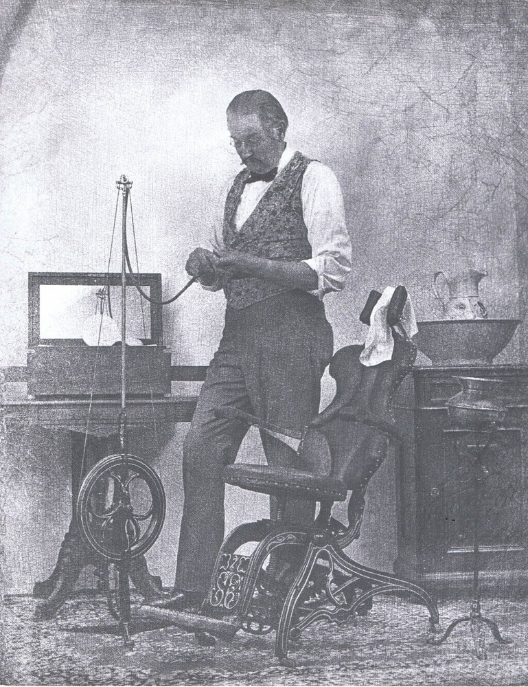 Hendrickson Original Photo Sepia HENDRICKSON HIMSELF IN DENTAL EXAM ROOM 11×14″