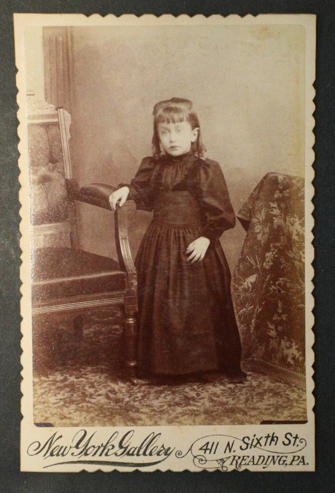 Scalloped Cabinet Card Girl ‘Laura, dress, chair, carpet, NY Gallery, Reading PA
