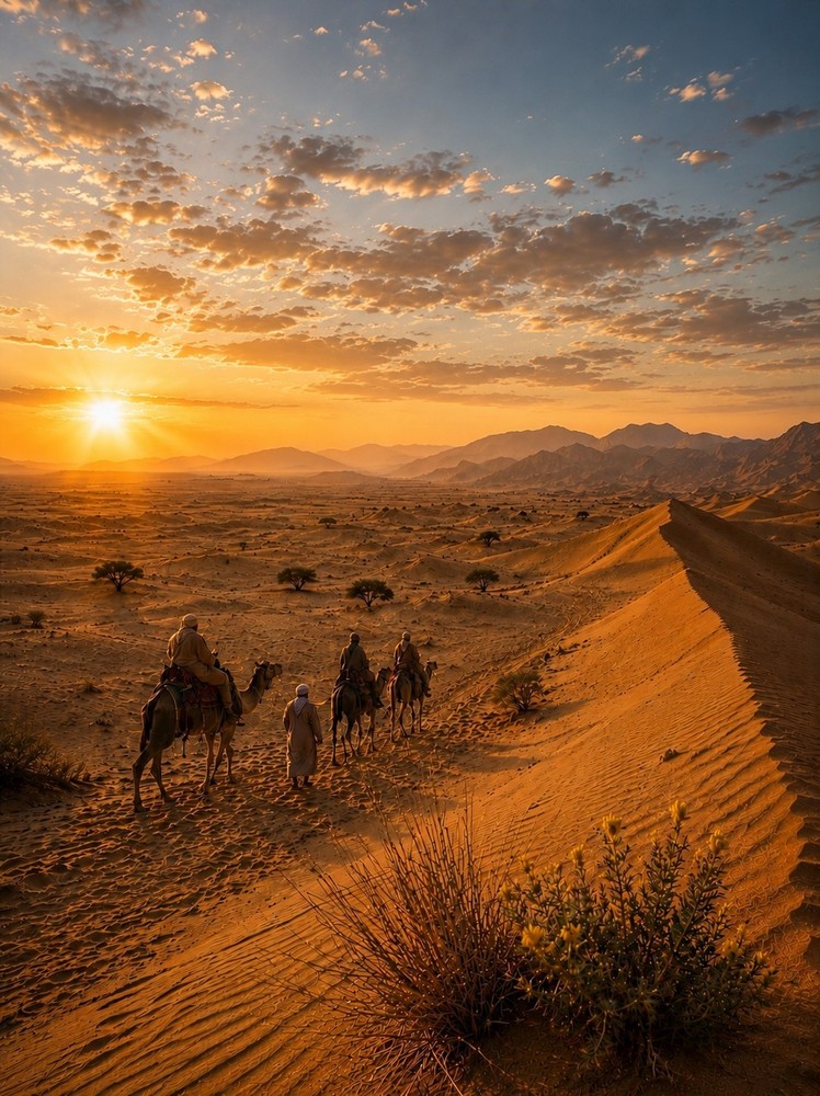 «Desert Caravan at Sunset– Camel Trekkers Crossing Golden Sand Dunes at Twilight