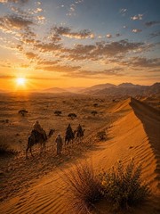 «Desert Caravan at Sunset– Camel Trekkers Crossing Golden Sand Dunes at Twilight
