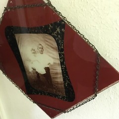 Vintage Old Handmade ?photo in glass with chain wrapped around 9”x9”