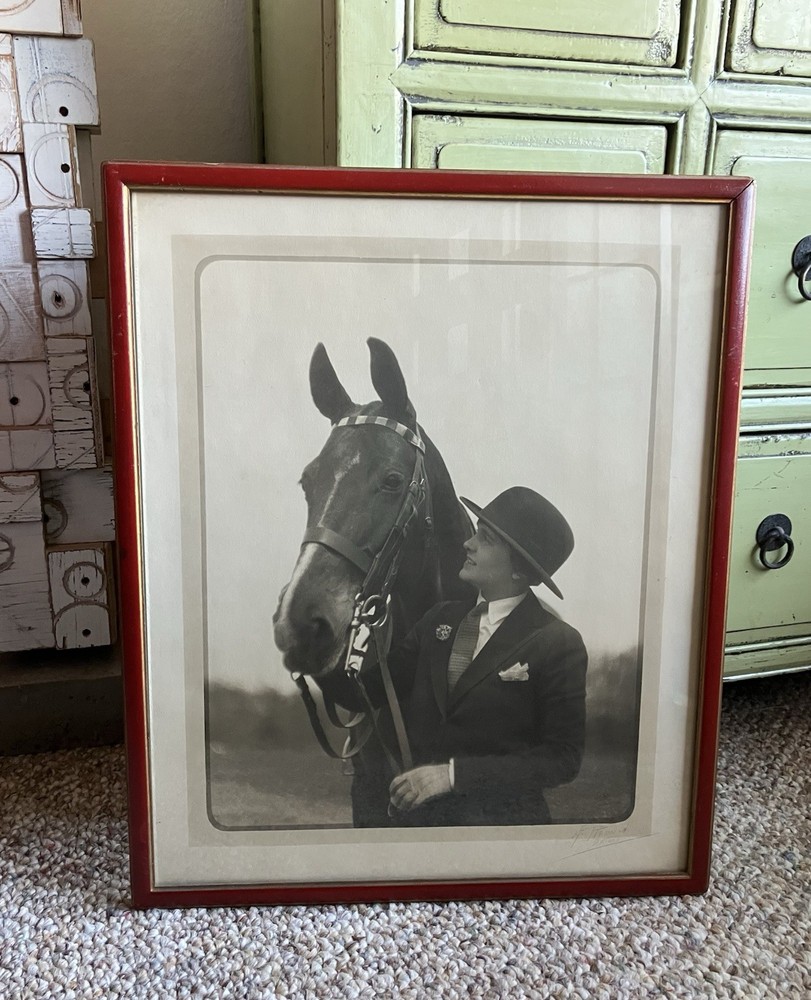 vintage LF Redman Detroit photograph large framed Horse Rider woman hat gloves