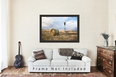 Windmill and Hay Bale Photography Print: Oklahoma, Farm, Prairie, Picture, Photo