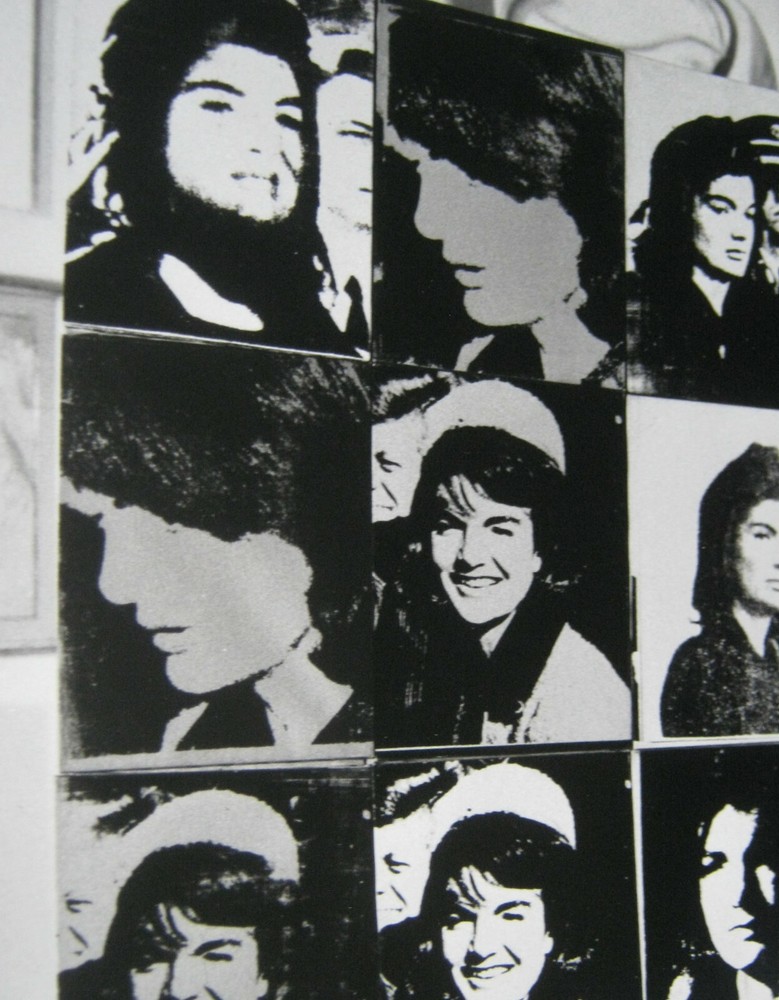 6 PHOTOGRAPHS OF ANDY WARHOL ART WORK INCLUDING JACKIE KENNEDY, SUICIDE, MEN KIS