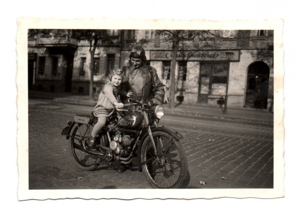 Photo Man Motorcyclist with Little Girl DKW RT 100 Motorcycle Vintage 1955