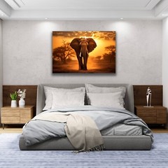 Elephant Canvas Wall Art, Sunset Nature Photo Pictures Large African Elephant