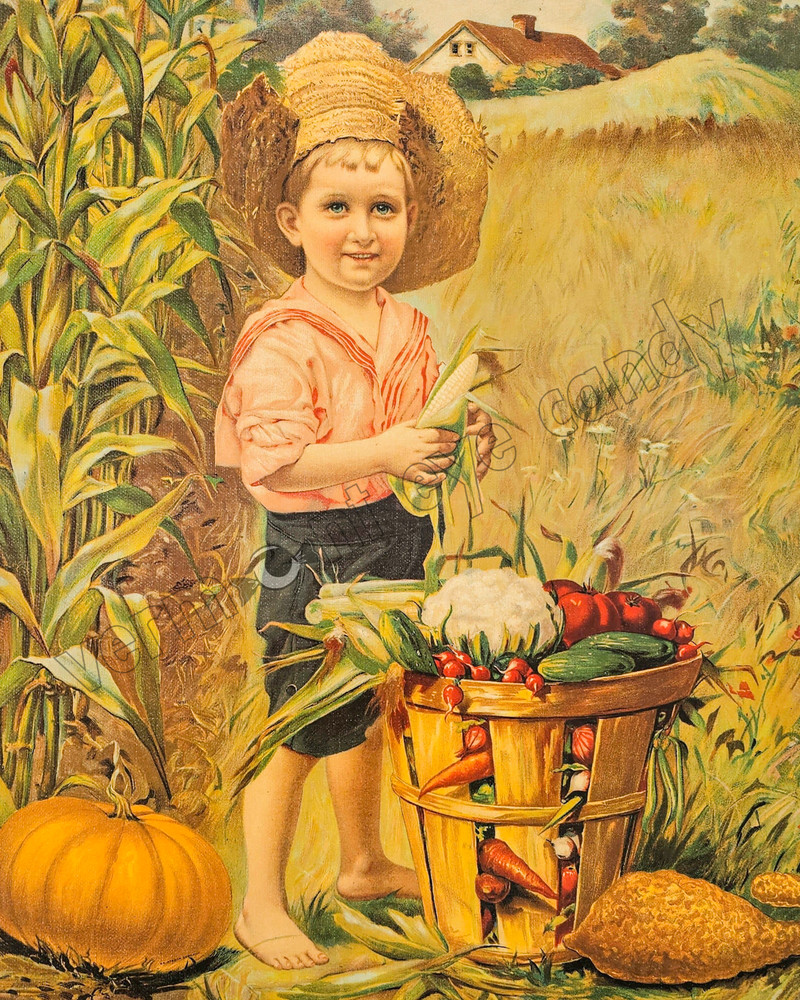 Fall Harvest Farmhouse Boy & Vegetables DIGITAL DOWNLOAD Print at Home Wall Art