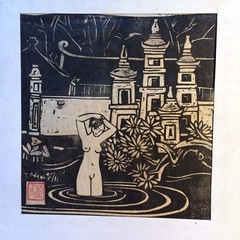 Tung Ngoc UNCONCERNED wood cut on rice paper painting 20x20cmborn 1957 VUFA