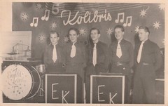Photo postcard musicians band Ewald Koch the hummingbirds Berlin snapshot 40s/50s