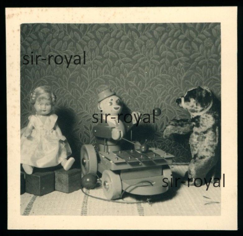 Tin Toy Clown with Xylophone – Dancing Bear Doll – 1950s 1960s – Photo 6x6cm