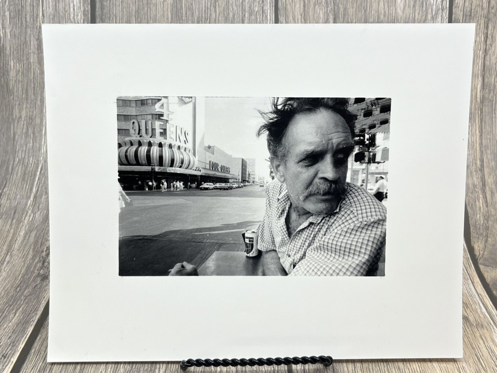 VTG 1980s Las Vegas B&W Photograph Four Queens Casino, Man Drinking A Beer