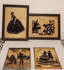 Vintage Colonial Silhouette Wall Art Set Framed Black Gold Romantic Couple