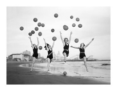 Vintage Beach Photography Women on Beach Jumping Balloons Poster Print