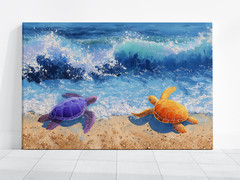 Colorful Sea Turtles Beach Painting, Purple Orange Ocean Blue Waves, Coastal Art