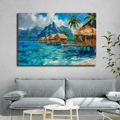 Beach Paradise Wall Art, Tropical Overwater Bungalows Painting, Coastal Seascape