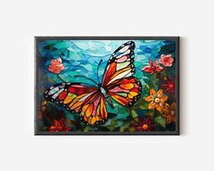 Butterfly Art, Beautiful Butterfly Stained Glass Themed Painting, Rainbow Flower