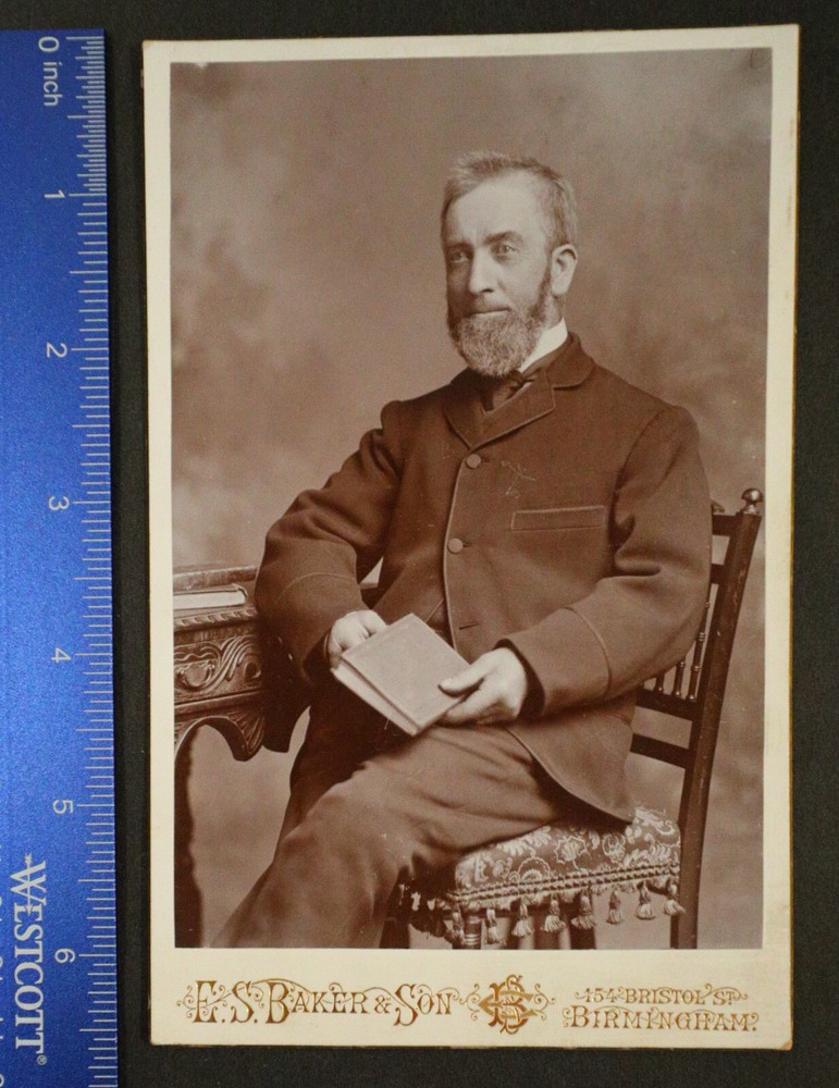 Cabinet Card, 4×6.5, man in chair, book, beard, ES Baker, Birmingham Eng.