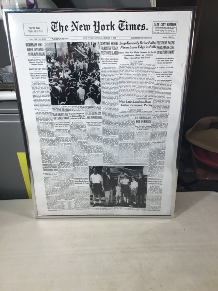 VTG REPRODUCTION OF THE NEW YORK TIMES FRONT PAGES March 7 1960 Framed 18”x 24”